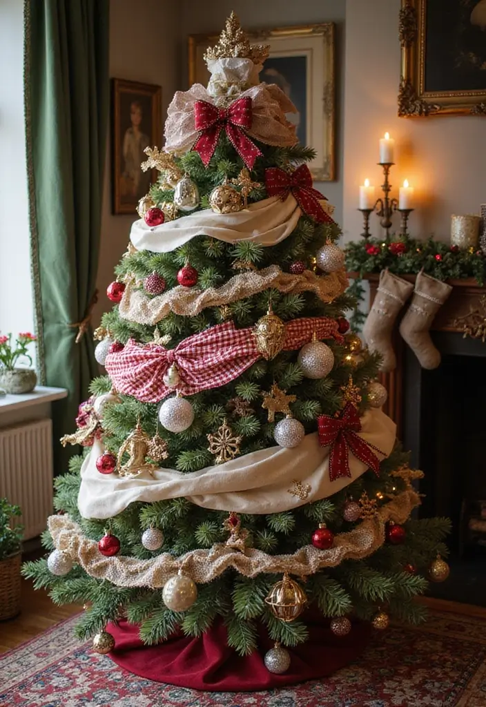 25 Vintage Christmas Tree Ideas That Spark Holiday Magic 16 25 Vintage Christmas Tree Ideas That Spark Holiday Magic - 16. Layered Fabrics