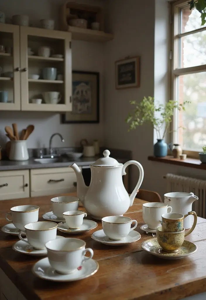 25 Vintage Küche Ideen voller Charakter und Stil 15 25 Vintage Küche Ideen voller Charakter und Stil - 15. Alte Kaffeetassen und Teekannen als Deko