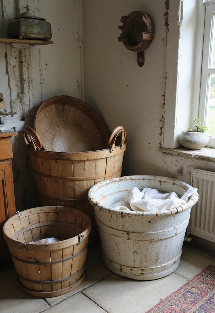 25 Vintage Laundry Room Decor Ideas Full of Charm 2 25 Vintage Laundry Room Decor Ideas Full of Charm - 2. Antique Laundry Baskets