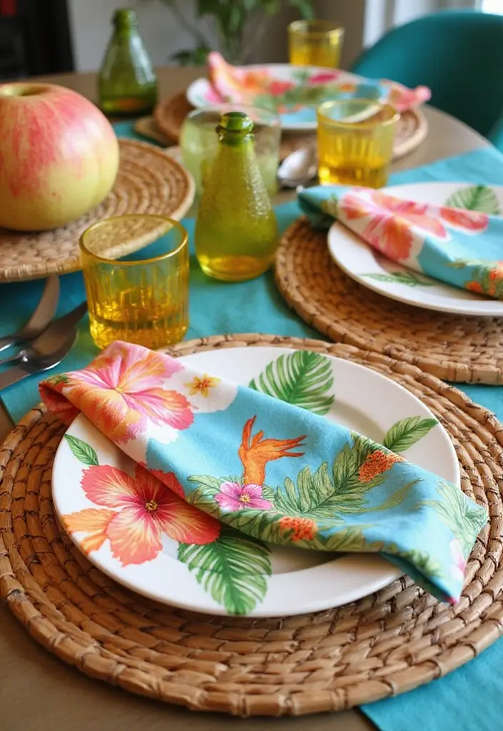25 Vintage Tiki Decor Ideas with Tropical Retro Vibes 10 25 Vintage Tiki Decor Ideas with Tropical Retro Vibes - 10. Colorful Table Settings