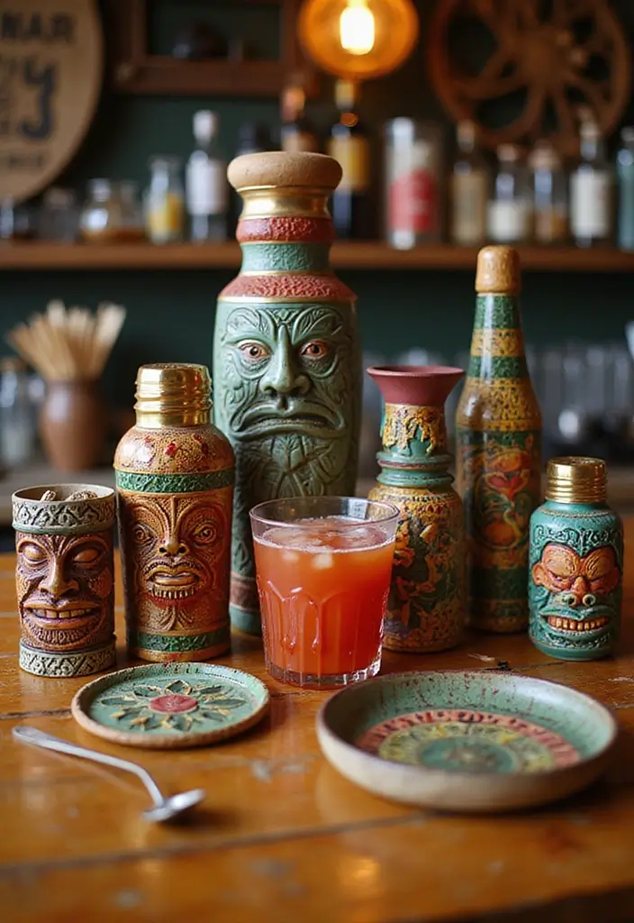 25 Vintage Tiki Decor Ideas with Tropical Retro Vibes 7 25 Vintage Tiki Decor Ideas with Tropical Retro Vibes - 7. Tiki Bar Accessories