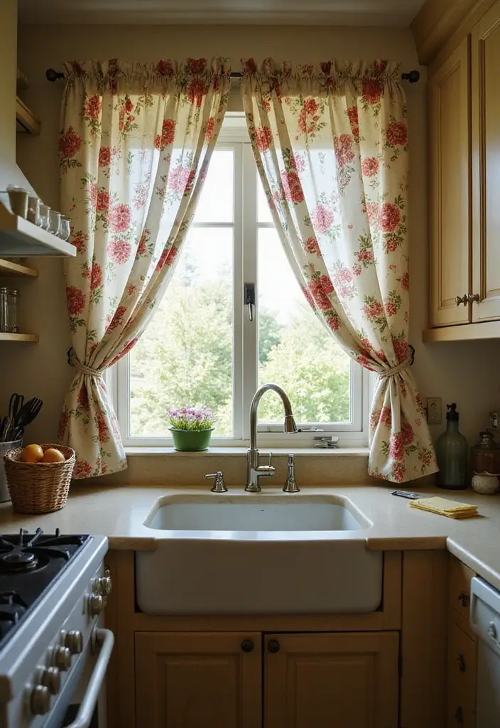 26 Decoração Cozinha Vintage Ideias Aconchegantes 7 26 Decoração Cozinha Vintage Ideias Aconchegantes - 7. Cortinas com Estampa Floral