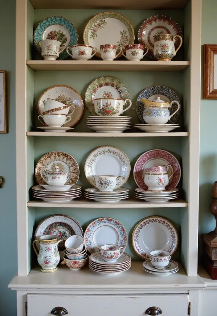 26 Rustic Vintage Decor Ideas That Blend Old and Cozy 22 26 Rustic Vintage Decor Ideas That Blend Old and Cozy - 22. Vintage Tableware Display