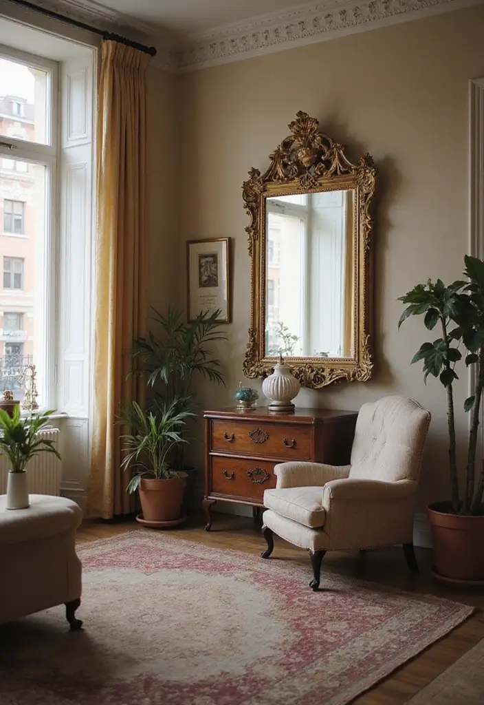 26 Vintage Living Room Designs That Feel Cozy and Classic 16 26 Vintage Living Room Designs That Feel Cozy and Classic - 16. Vintage Mirrors