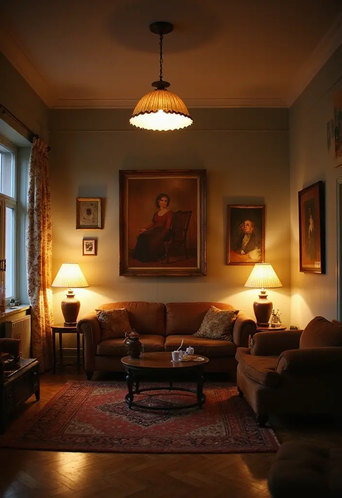26 Vintage Living Room Designs That Feel Cozy and Classic 5 26 Vintage Living Room Designs That Feel Cozy and Classic - 5. Layered Lighting Effects