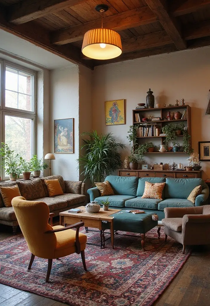 26 Vintage Living Room Designs That Feel Cozy and Classic 6 26 Vintage Living Room Designs That Feel Cozy and Classic - 6. Eclectic Furniture Mix