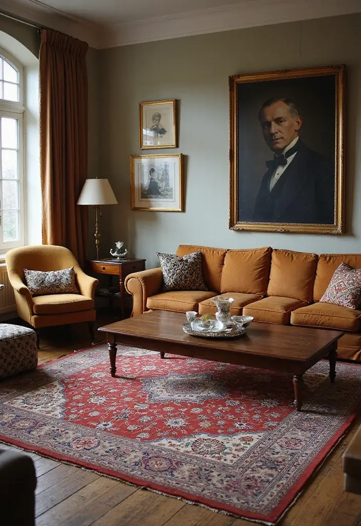 26 Vintage Living Room Designs That Feel Cozy and Classic 8 26 Vintage Living Room Designs That Feel Cozy and Classic - 8. Vintage Rugs for Warmth