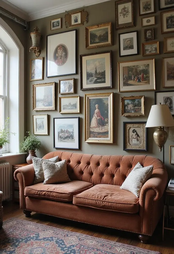 26 Vintage Living Room Designs That Feel Cozy and Classic 9 26 Vintage Living Room Designs That Feel Cozy and Classic - 9. Gallery Walls