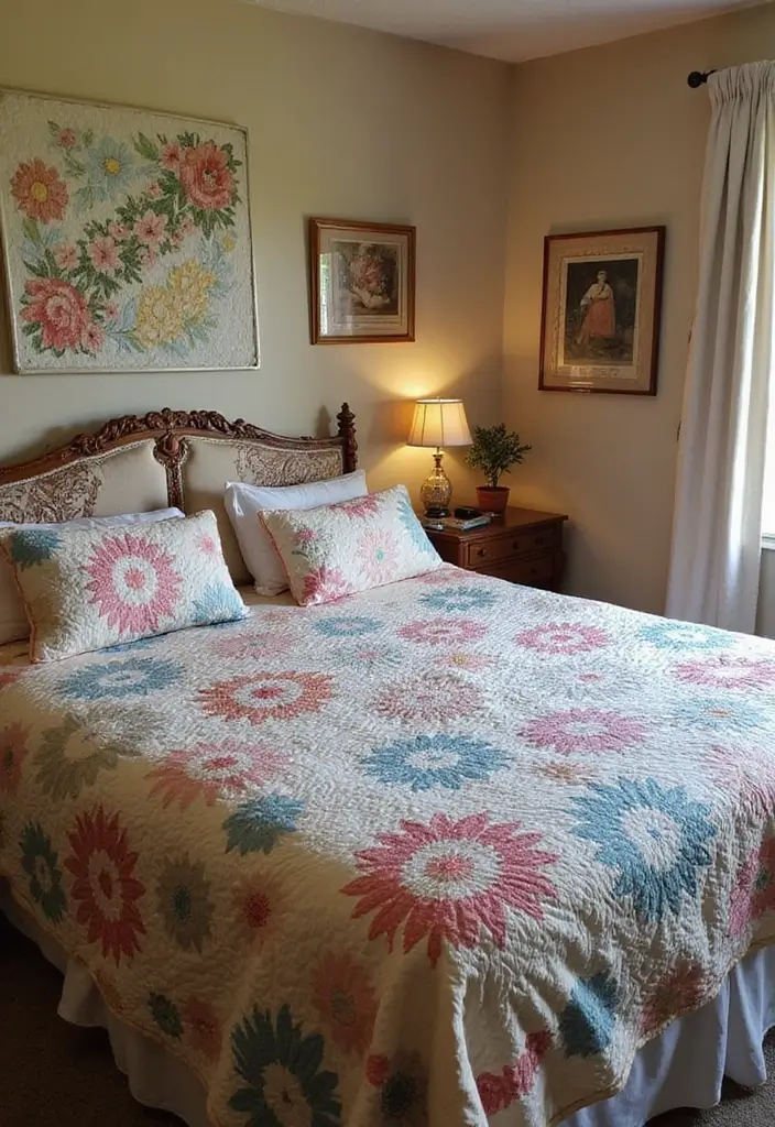 27 Bedroom Vintage Ideas That Bring Timeless Charm - 21. Vintage Quilt Displays