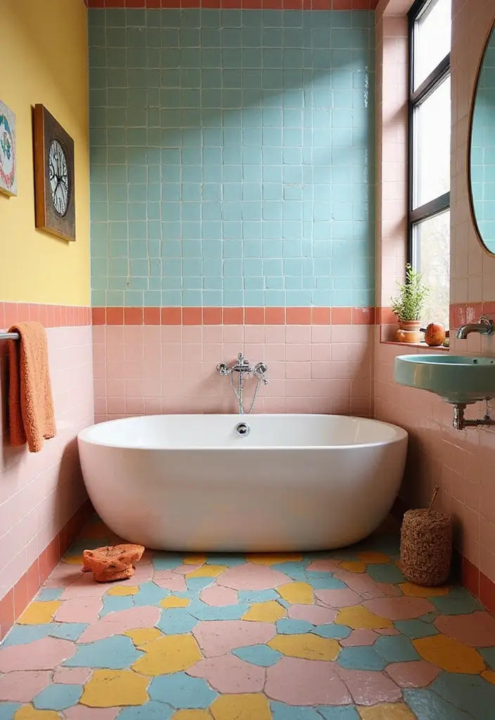 27 Retro Bathroom Ideas That Feel Playful and Unique 1 27 Retro Bathroom Ideas That Feel Playful and Unique - 1. Candy-Colored Tiles