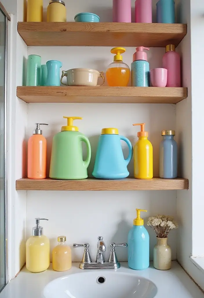 27 Retro Bathroom Ideas That Feel Playful and Unique 21 27 Retro Bathroom Ideas That Feel Playful and Unique - 21. Colorful Toiletries