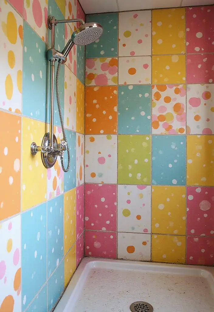 27 Retro Bathroom Ideas That Feel Playful and Unique 24 27 Retro Bathroom Ideas That Feel Playful and Unique - 24. Colorful Shower Tiles