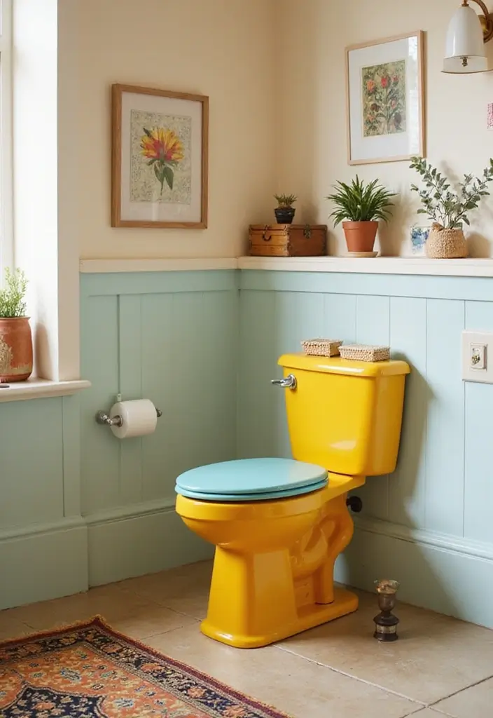 27 Retro Bathroom Ideas That Feel Playful and Unique 25 27 Retro Bathroom Ideas That Feel Playful and Unique - 25. Brightly Colored Toilet