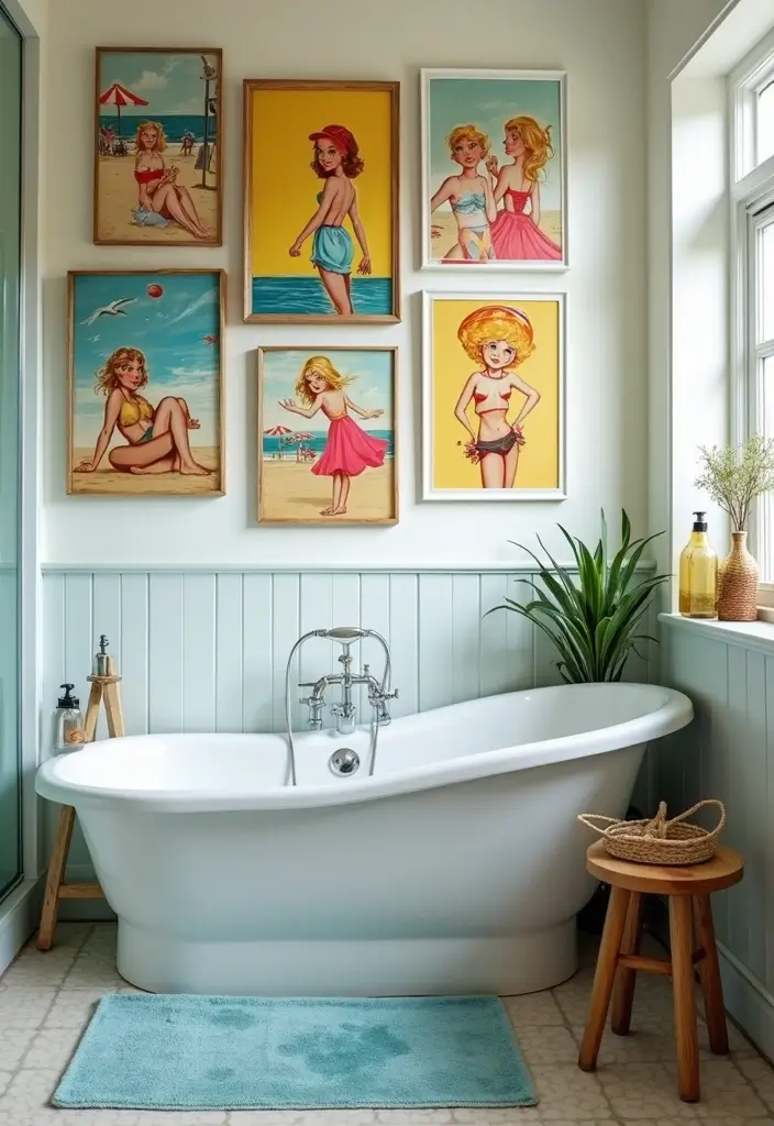 27 Retro Bathroom Ideas That Feel Playful and Unique 27 27 Retro Bathroom Ideas That Feel Playful and Unique - 27. Playful Colorful Artwork