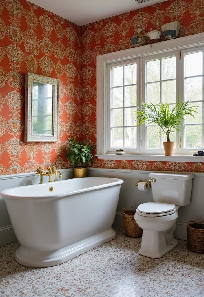 27 Retro Bathroom Ideas That Feel Playful and Unique 9 27 Retro Bathroom Ideas That Feel Playful and Unique - 9. Bold Wallpaper