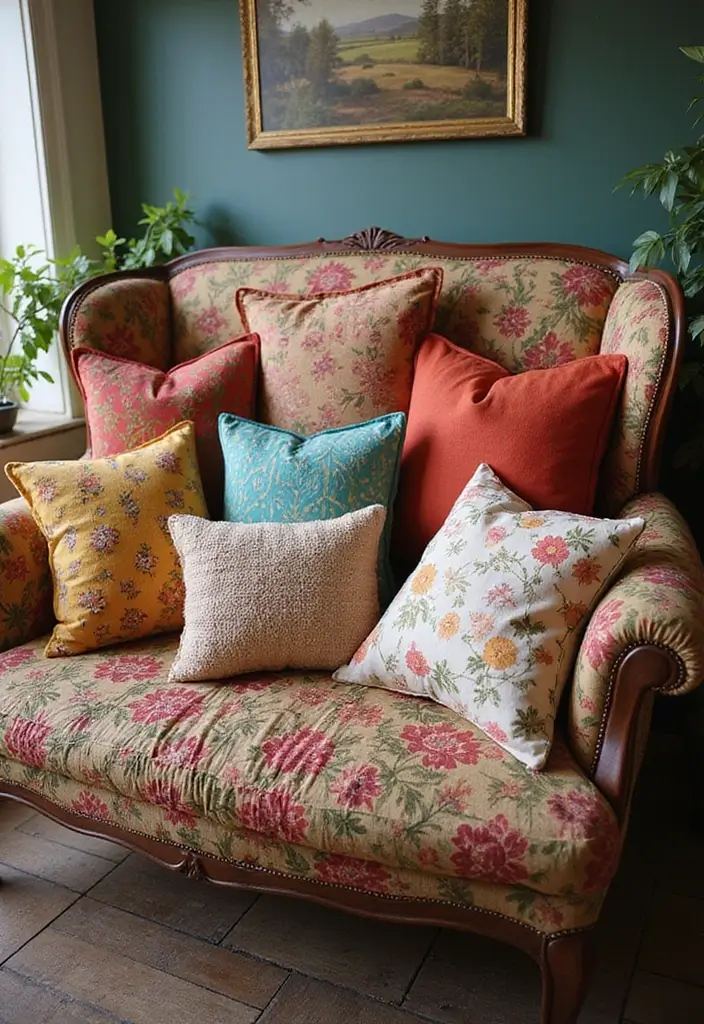 27 Sala Vintage Inspirações Para Sua Casa 13 27 Sala Vintage Inspirações Para Sua Casa - 13. Almofadas com Padrões Diversos
