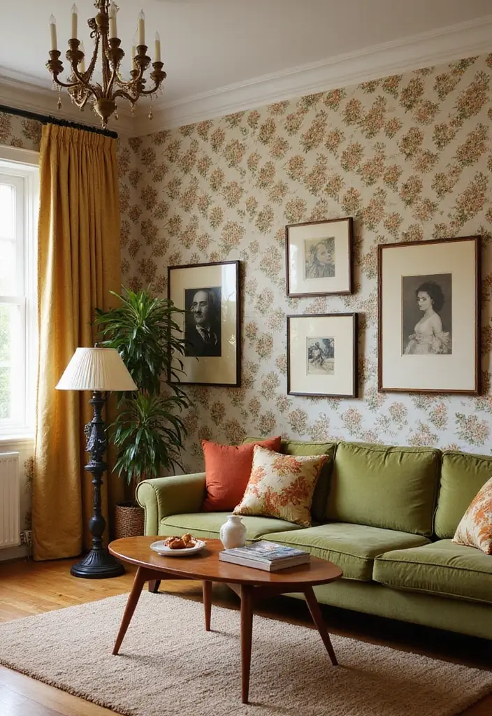 27 Sala Vintage Inspirações Para Sua Casa 19 27 Sala Vintage Inspirações Para Sua Casa - 19. Paredes com Papel de Parede Retrô