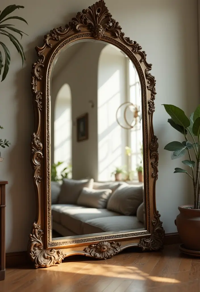 27 Sala Vintage Inspirações Para Sua Casa 21 27 Sala Vintage Inspirações Para Sua Casa - 21. Espelhos com Molduras Antigas