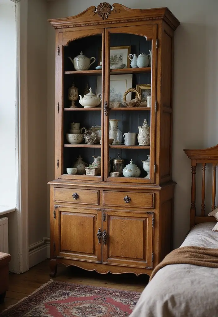 27 Vintage Bedroom Decor Inspirations Full of Elegance - 20. Vintage Display Cabinet