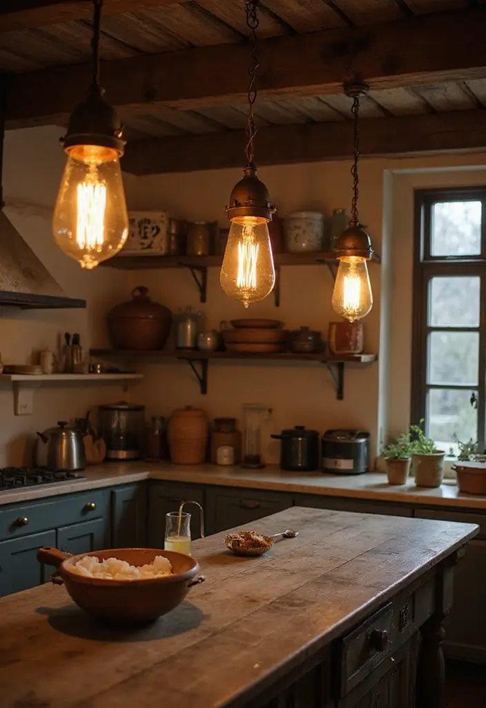 27 Vintage Cottage Kitchen Ideas That Feel Warm and Inviting 4 27 Vintage Cottage Kitchen Ideas That Feel Warm and Inviting - 4. Rustic Lighting Fixtures