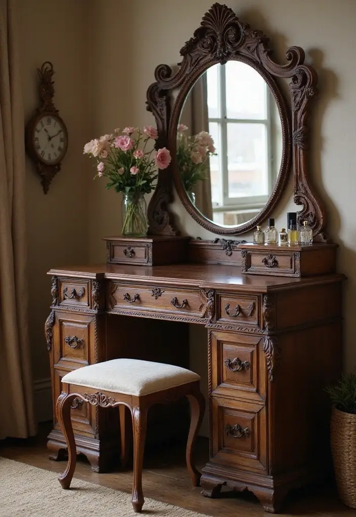 27 Vintage Dressing Room Inspirations That Feel Luxurious 1 27 Vintage Dressing Room Inspirations That Feel Luxurious - 1. Antique Vanity Glam