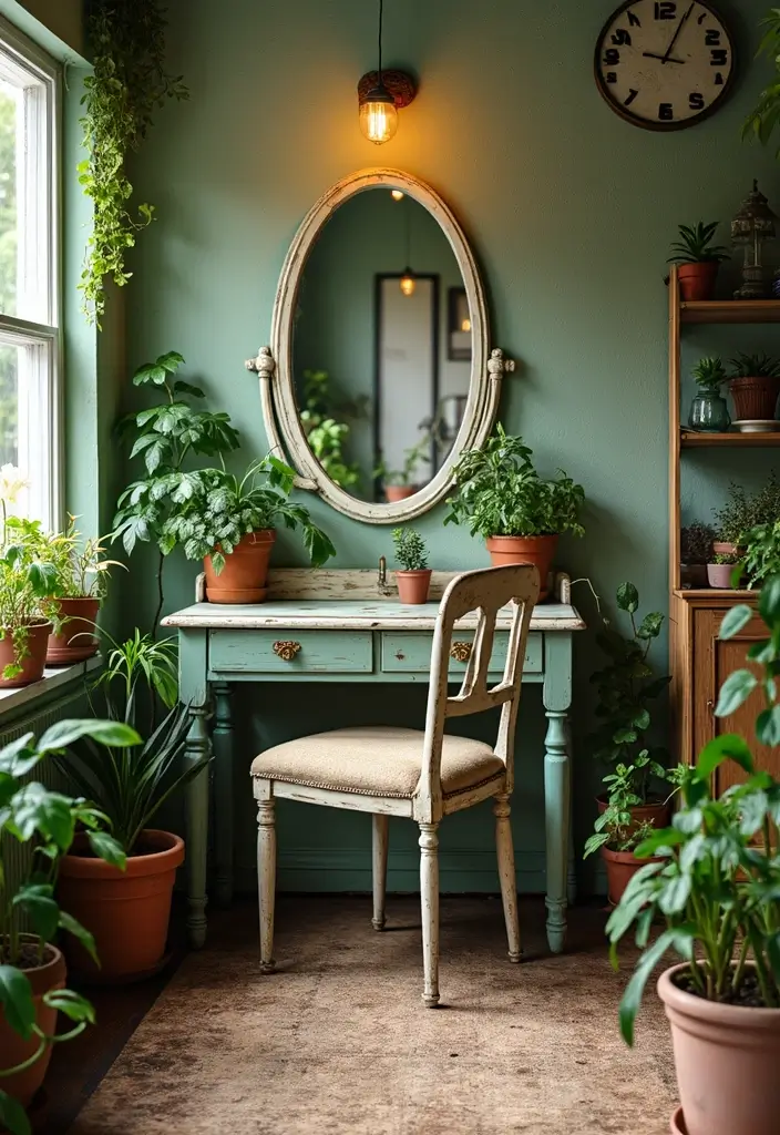 27 Vintage Dressing Room Inspirations That Feel Luxurious 24 27 Vintage Dressing Room Inspirations That Feel Luxurious - 24. Vintage Charm with Plants