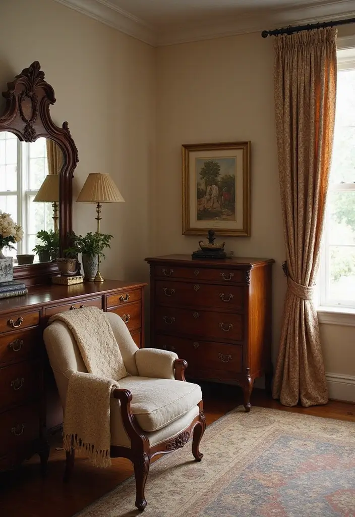 27 Vintage Dressing Room Inspirations That Feel Luxurious 7 27 Vintage Dressing Room Inspirations That Feel Luxurious - 7. Antique Furniture Styling