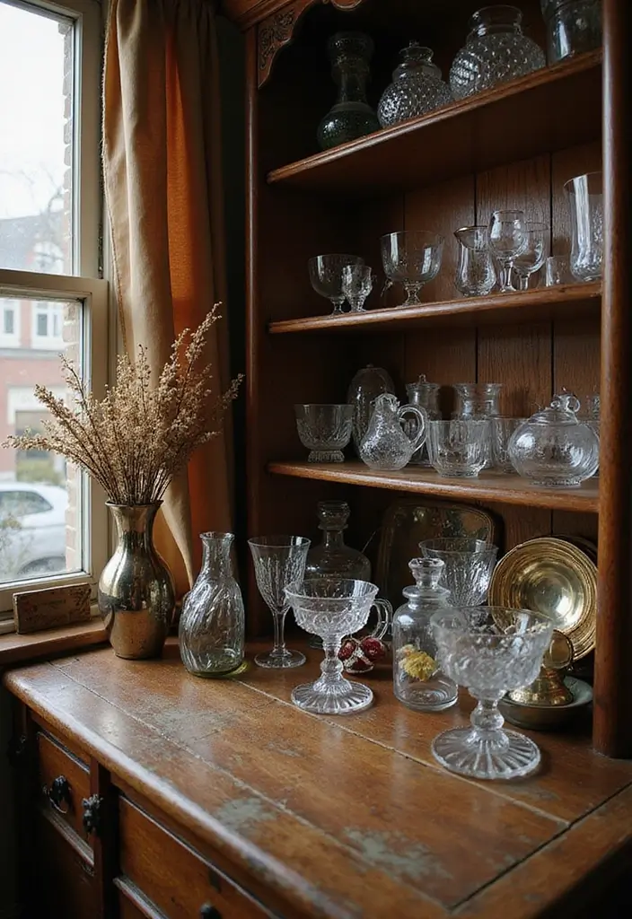 27 Vintage Ev Dekorasyon Fikirleri Zamansız Bir Dokunuş İçin 12 27 Vintage Ev Dekorasyon Fikirleri Zamansız Bir Dokunuş İçin - 12. Vintage Sırça Eşyalarla Işık Yansımaları