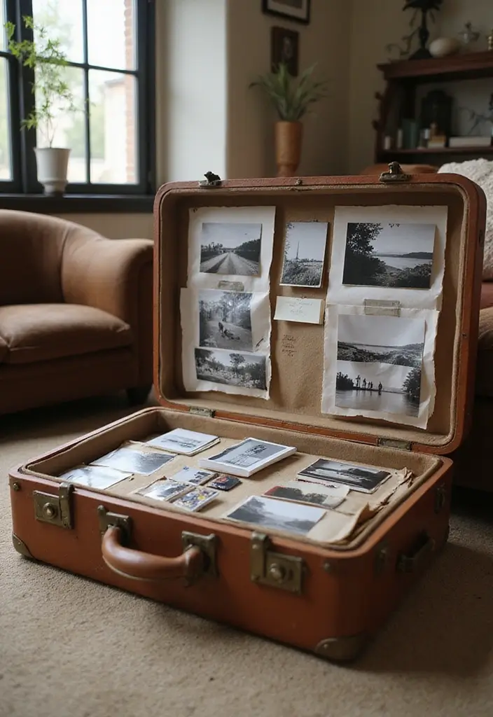 27 Vintage Suitcase Decor Inspirations for Creative Homes 12 27 Vintage Suitcase Decor Inspirations for Creative Homes - 12. Vintage Suitcase Photo Display