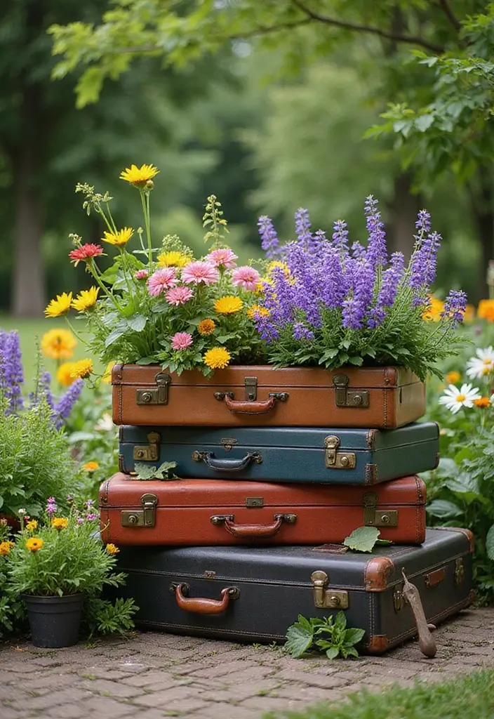 27 Vintage Suitcase Decor Inspirations for Creative Homes 18 27 Vintage Suitcase Decor Inspirations for Creative Homes - 18. Vintage Suitcase Garden Decor