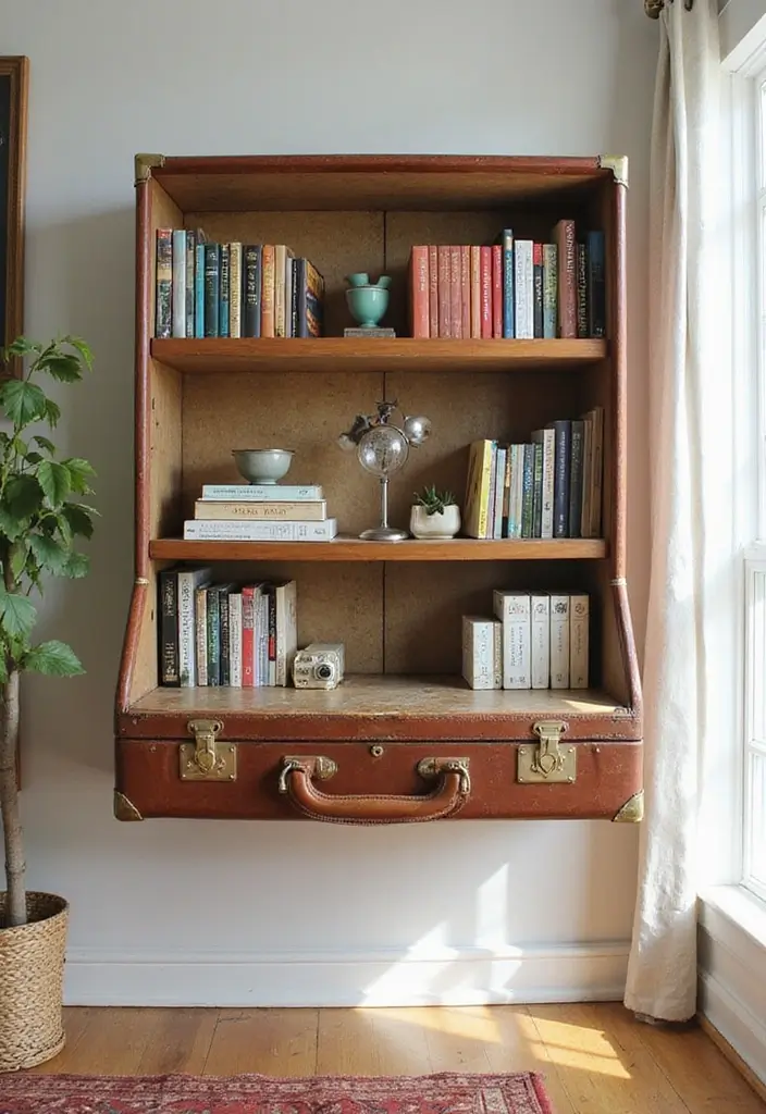 27 Vintage Suitcase Decor Inspirations for Creative Homes 2 27 Vintage Suitcase Decor Inspirations for Creative Homes - 2. Retro Suitcase Bookshelf