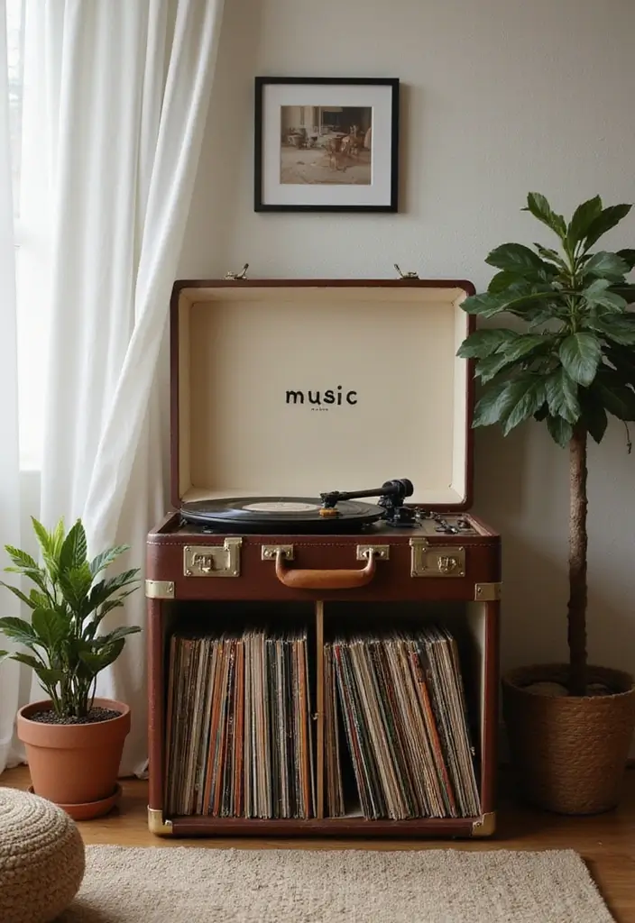 27 Vintage Suitcase Decor Inspirations for Creative Homes 20 27 Vintage Suitcase Decor Inspirations for Creative Homes - 20. Vintage Suitcase Music Storage