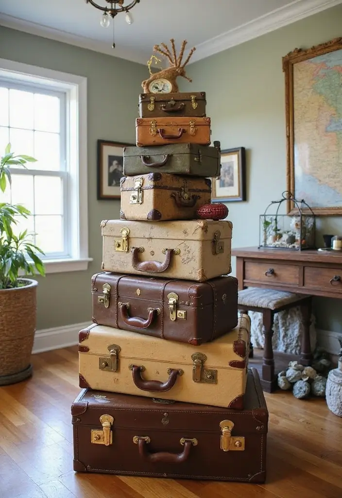 27 Vintage Suitcase Decor Inspirations for Creative Homes 4 27 Vintage Suitcase Decor Inspirations for Creative Homes - 4. Vintage Travel Decor Display