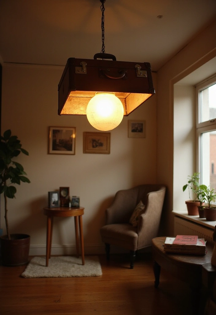 27 Vintage Suitcase Decor Inspirations for Creative Homes 9 27 Vintage Suitcase Decor Inspirations for Creative Homes - 9. Artistic Suitcase Light Fixture