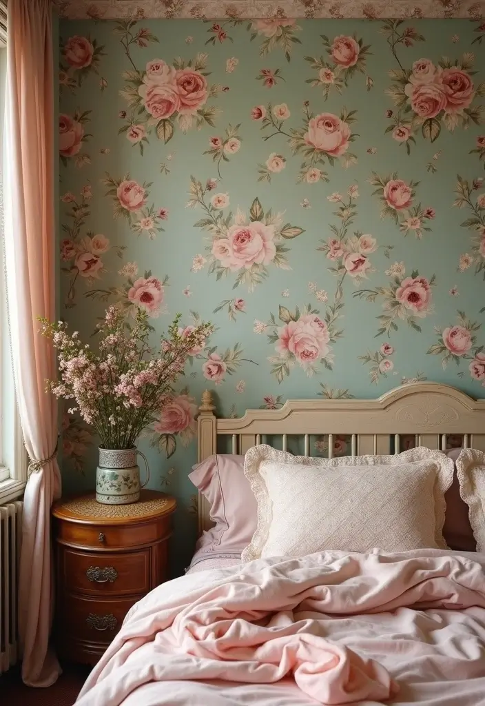 28 Quarto Vintage Feminino Inspirações Cheias de Charme - 3. Papéis de Parede Florais