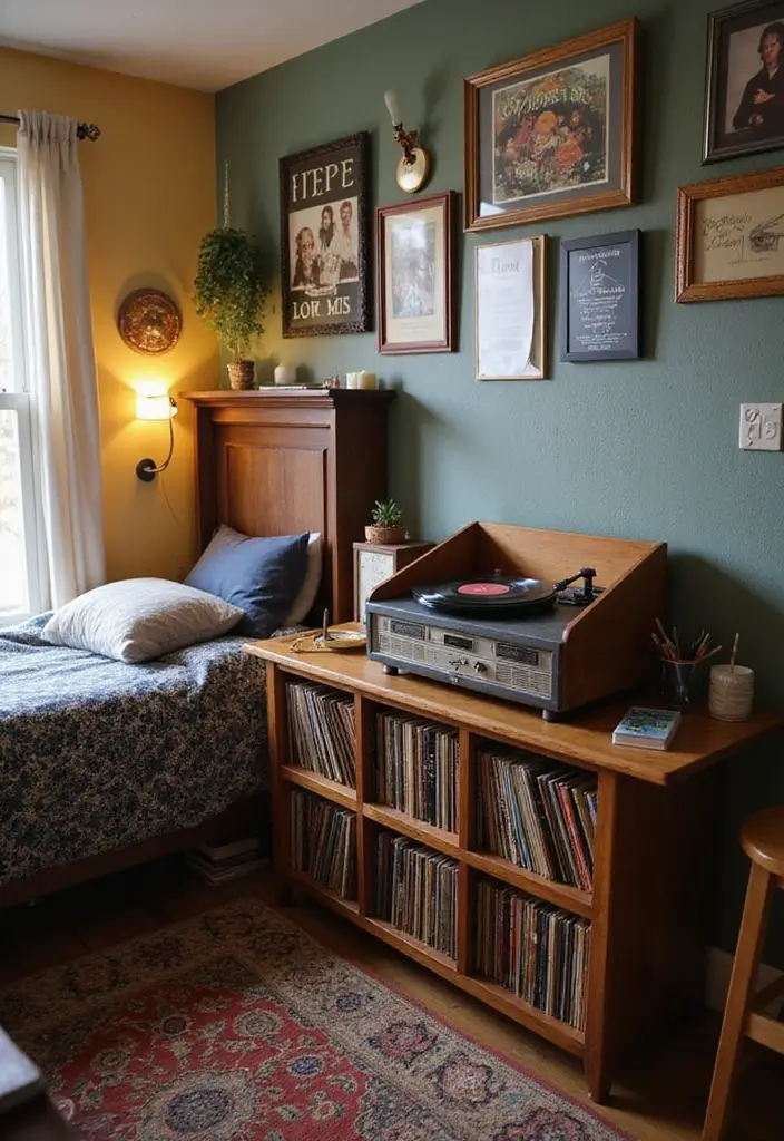 28 Vintage Dorm Room Ideas That Feel Unique and Cozy 20 28 Vintage Dorm Room Ideas That Feel Unique and Cozy - 20. Vintage Record Player Setup