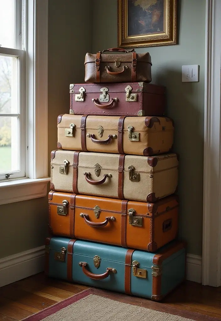 28 Vintage Wall Decor Inspirations That Transform Any Room 20 28 Vintage Wall Decor Inspirations That Transform Any Room - 20. Vintage Suitcases as Decor