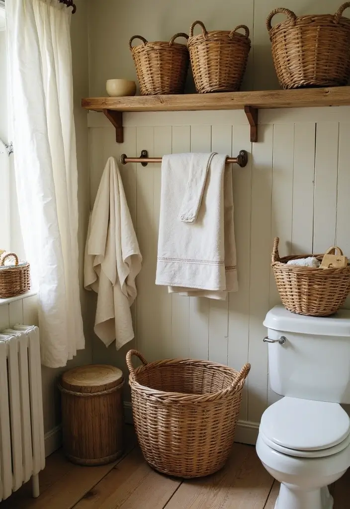 29 Salle de Bain Vintage Looks Pleins d’Élégance 16 29 Salle de Bain Vintage Looks Pleins d’Élégance - 16. Système de Rangement en Vannerie