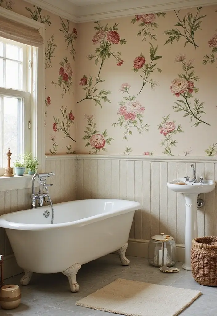29 Vintage Bathroom Decor Looks You’ll Fall in Love With 4 29 Vintage Bathroom Decor Looks You’ll Fall in Love With - 4. Vintage-Style Wallpaper