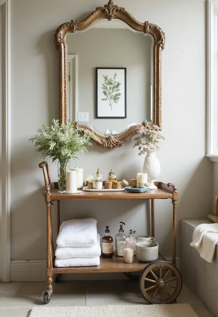29 Vintage Bathroom Ideas Full of Retro Elegance 17 29 Vintage Bathroom Ideas Full of Retro Elegance - 17. Vintage Carts for Storage