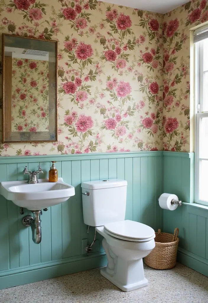 29 Vintage Bathroom Ideas Full of Retro Elegance 6 29 Vintage Bathroom Ideas Full of Retro Elegance - 6. Retro Wallpaper Designs