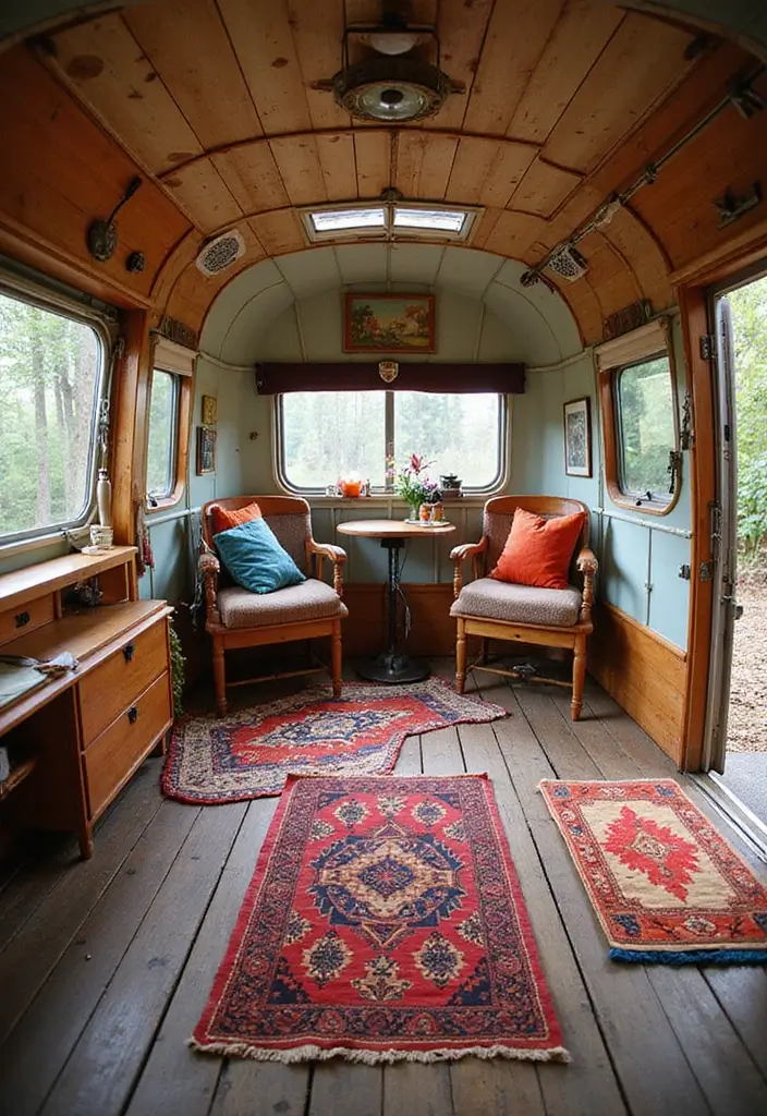 29 Vintage Camper Remodel Projects You’ll Adore - 24. Colorful Rugs and Mats