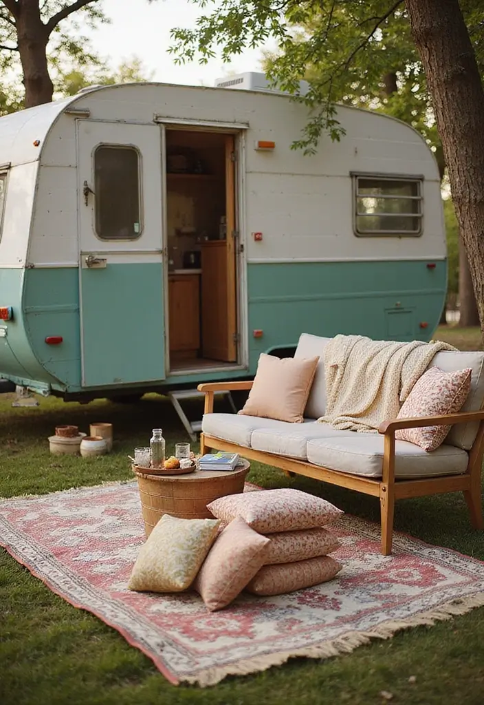 29 Vintage Camper Remodel Projects You’ll Adore - 27. Comfortable Outdoor Seating