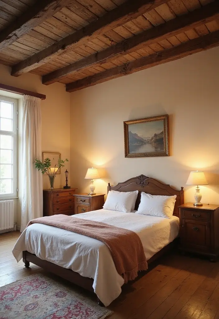 29 Vintage Farmhouse Bedroom Inspirations That Stay Timeless 1 29 Vintage Farmhouse Bedroom Inspirations That Stay Timeless - 1. Rustic Wood Beams