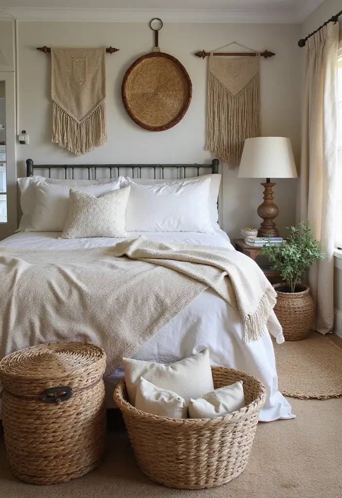 29 Vintage Farmhouse Bedroom Inspirations That Stay Timeless 19 29 Vintage Farmhouse Bedroom Inspirations That Stay Timeless - 19. Woven Textiles