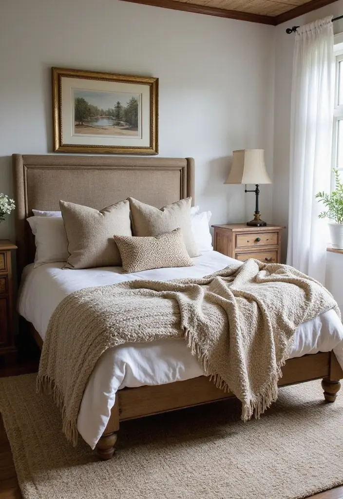 29 Vintage Farmhouse Bedroom Inspirations That Stay Timeless 23 29 Vintage Farmhouse Bedroom Inspirations That Stay Timeless - 23. Cozy Throws and Pillows