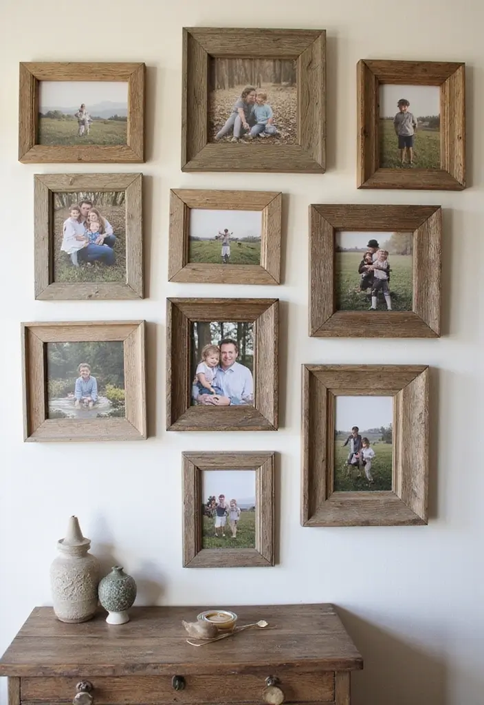 29 Vintage Gallery Wall Inspirations to Elevate Any Room 13 29 Vintage Gallery Wall Inspirations to Elevate Any Room - 13. Rustic Charm with Barnwood Frames