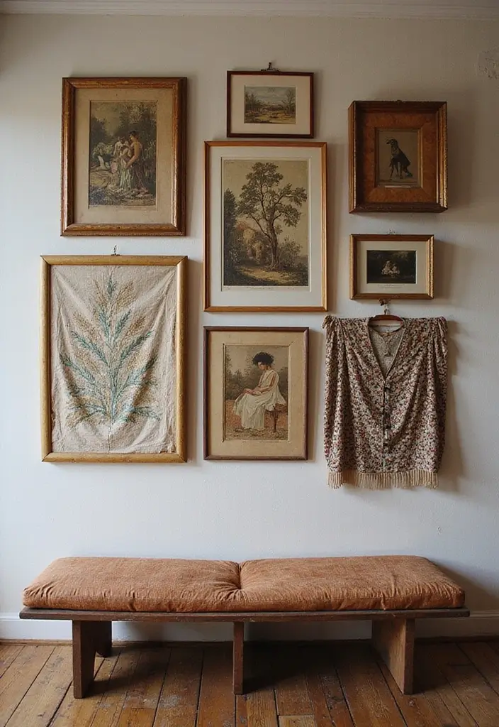 29 Vintage Gallery Wall Inspirations to Elevate Any Room 22 29 Vintage Gallery Wall Inspirations to Elevate Any Room - 22. Gallery Wall with Vintage Textiles