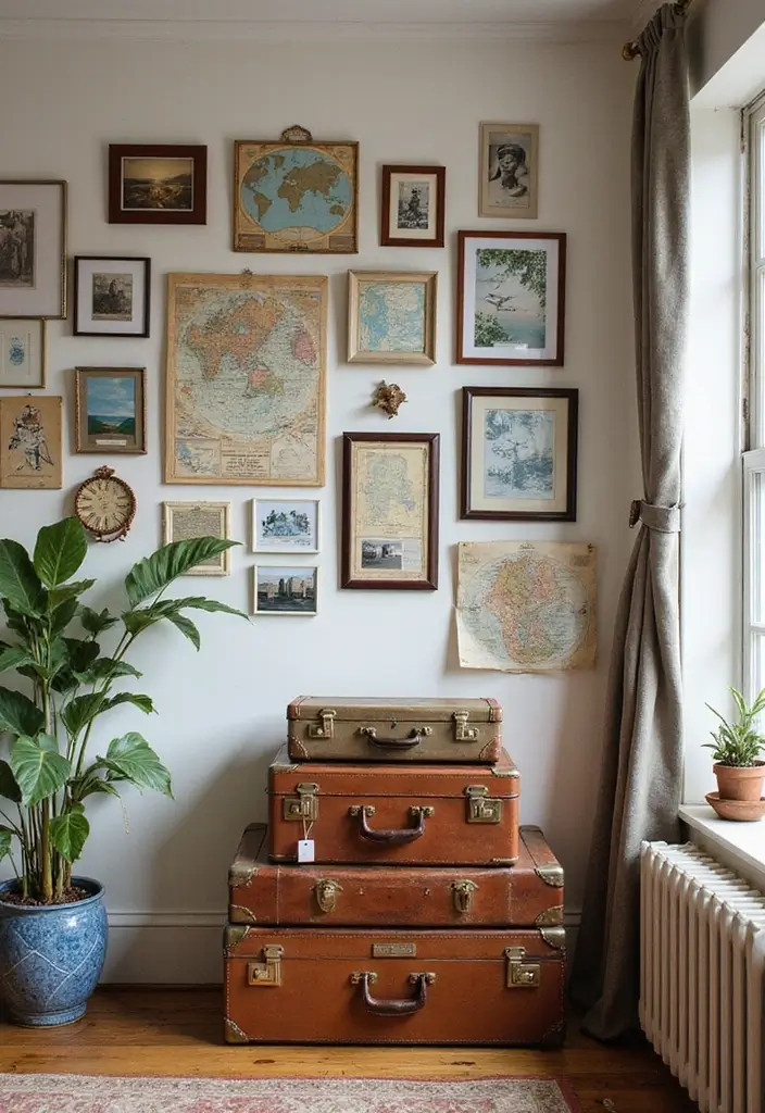 29 Vintage Gallery Wall Inspirations to Elevate Any Room 26 29 Vintage Gallery Wall Inspirations to Elevate Any Room - 26. Adventure-Inspired Decor