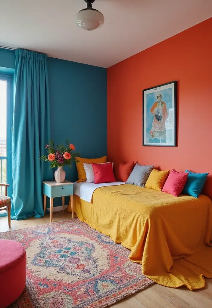 30 Retro Bedroom Looks That Feel Bold and Fun 2 30 Retro Bedroom Looks That Feel Bold and Fun - 2. Retro Color Blocking
